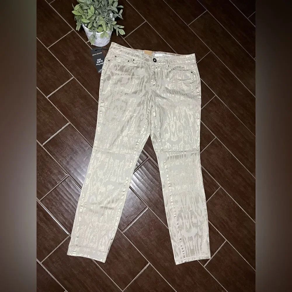 DKNY very slim fit jeggings metallic gold animal print sz 12